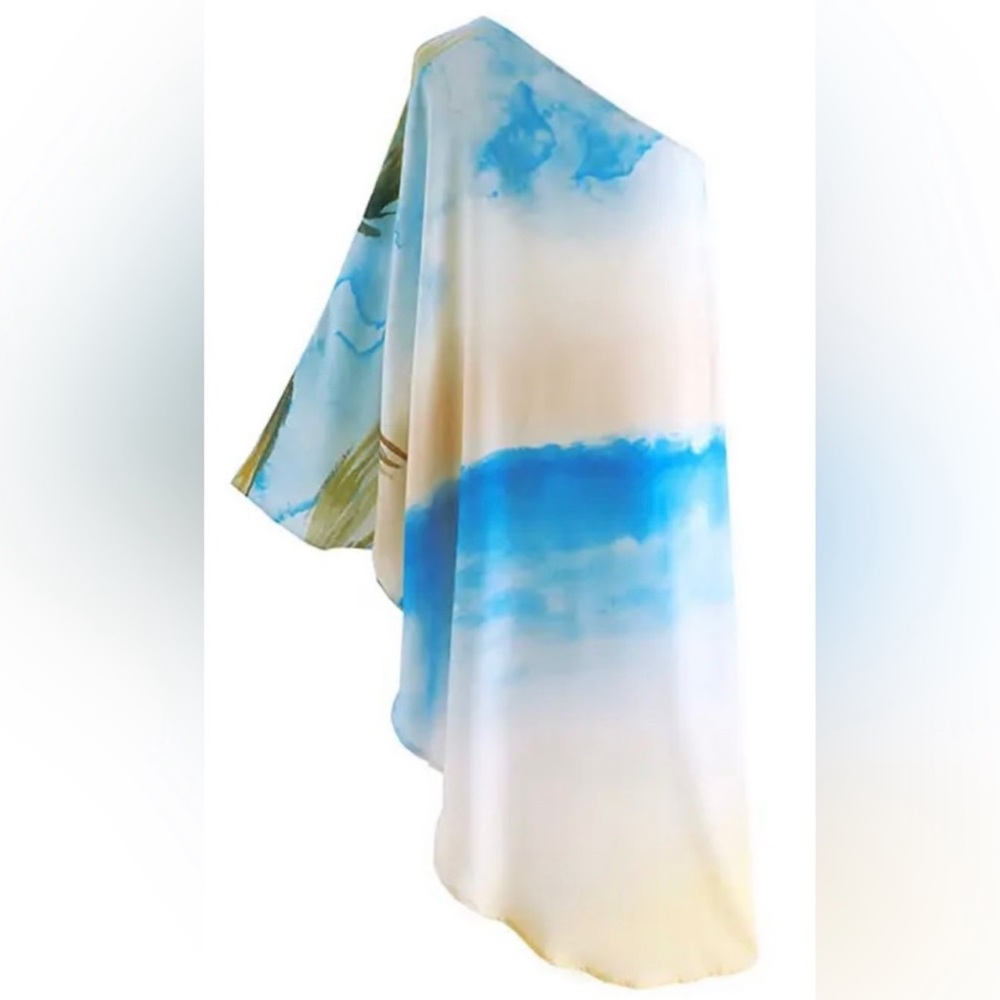 Palm Beach Aqua Luxury Asymmetrical Kimono Dress, One Arm Boat Neck Coverup - Picture 6 of 12